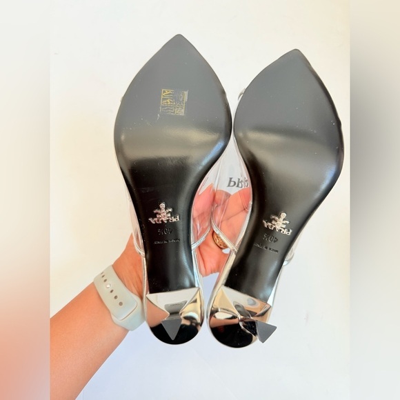 Prada Metallic silver leather logo print Pexiglas high heel slide sandals EU40.5 - Picture 12 of 15